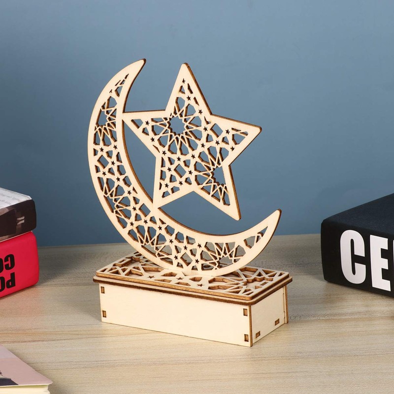 Mobestech 3PCS Ramadan Mubarak Eid Decorations Wooden Moon Star Lights