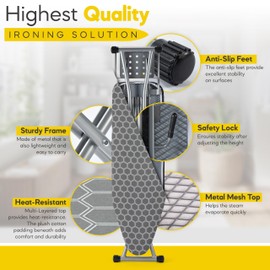 Full Size Ironing Board 57" L X15 W, Large Wide Sturdy Ironing Board with Iron Rest, Foldable Adjustable Iron Board with Heat Resistant Cover, Enhanced Stability (Silver Gray)