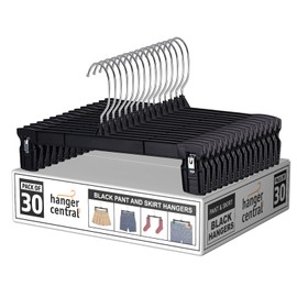 Hanger Central 30 Pack Pants Hangers – 10 Inch Slim Plastic Clothes Hangers with Clips for Skirts, Pants, Shorts – Heavy Duty Space Saving Non Slip Closet Organizer with Swivel Hook – Black