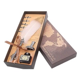 ST TS Feather Pen Stand Ink Bottle Set of 4 Antique Feather Dip Pen Fountain Pen Quill Pen (02 White)