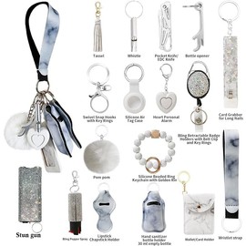 Araafur Leather Wristlet Keychain Set with Personal Alarm and Bottle Opener, Car Keychain Accessories for Women (Gray keychain set)