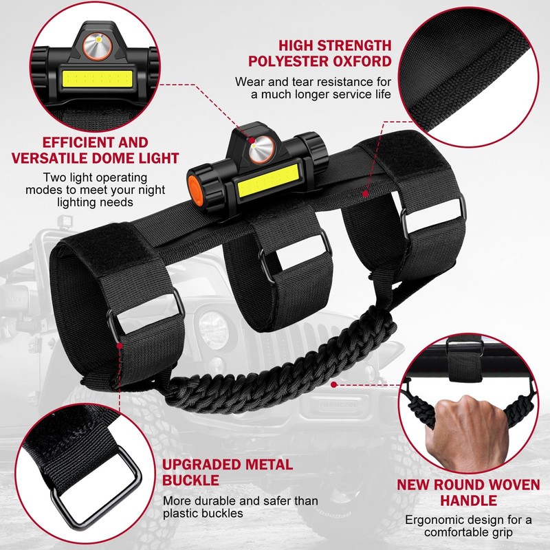 moveland Roll Bar Grab Handles with Light for Jeep Wrangler