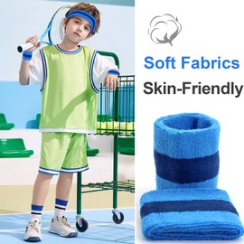 Kids Sweatbands Headband Wristband Set - Athletic Cotton Sweat Band for Sports - Ultimate Sweat-Absorbing 3-piece Set (1 Headband + 2 Wristbands) (Blue)