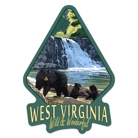 Lantern Press Sticker West Virginia, Wild and Wonderful, Waterfall and Bears Die Cut Vinyl, (Waterproof Decal for Cars, Water Bottles, Laptops, Coolers), Small
