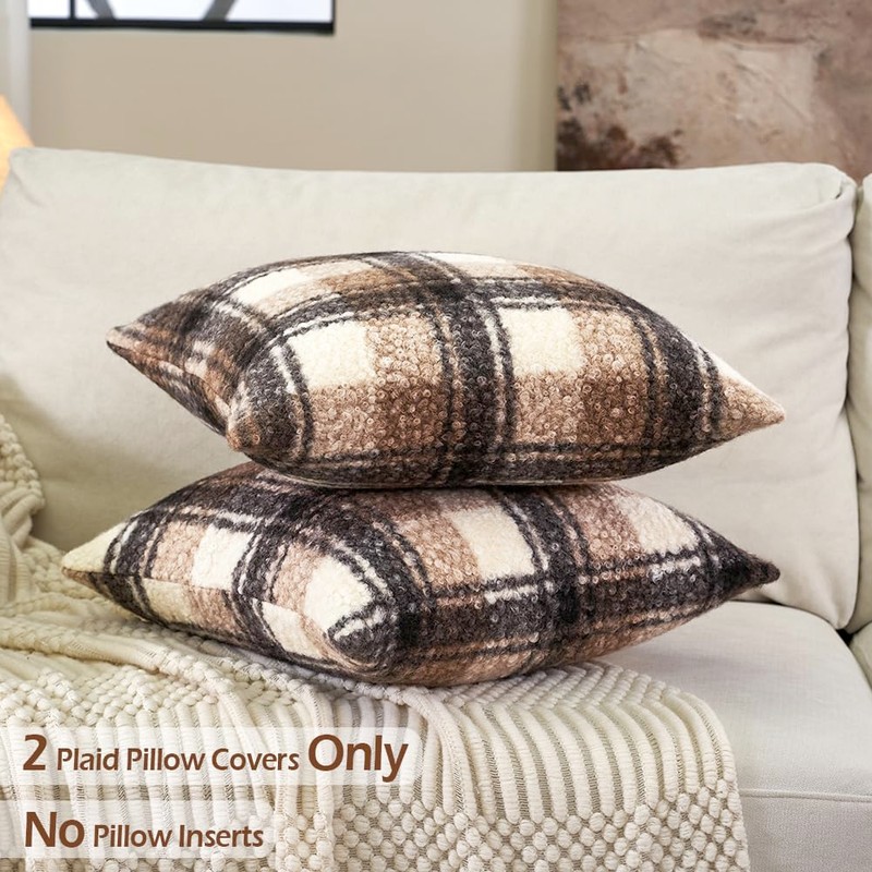 JOJOGOGO Fall and Winter Brown Buffalo Plaid Sherpa Pillow Covers