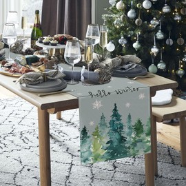 Bonhause Green Pine Tree Christmas Table Runners for Kitchen Dinning Table Decoration, Winter Snowflakes Grey Table Runner for Indoor Outdoor Home Holiday Party Decor(33 x 183 cm)