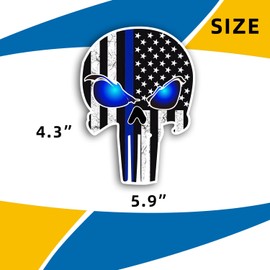 Punisher Skull Tattered Subdued US Flag Reflective Magnet Decal with Thin Line Car Sticker, Truck Accessories (Black with Blue)
