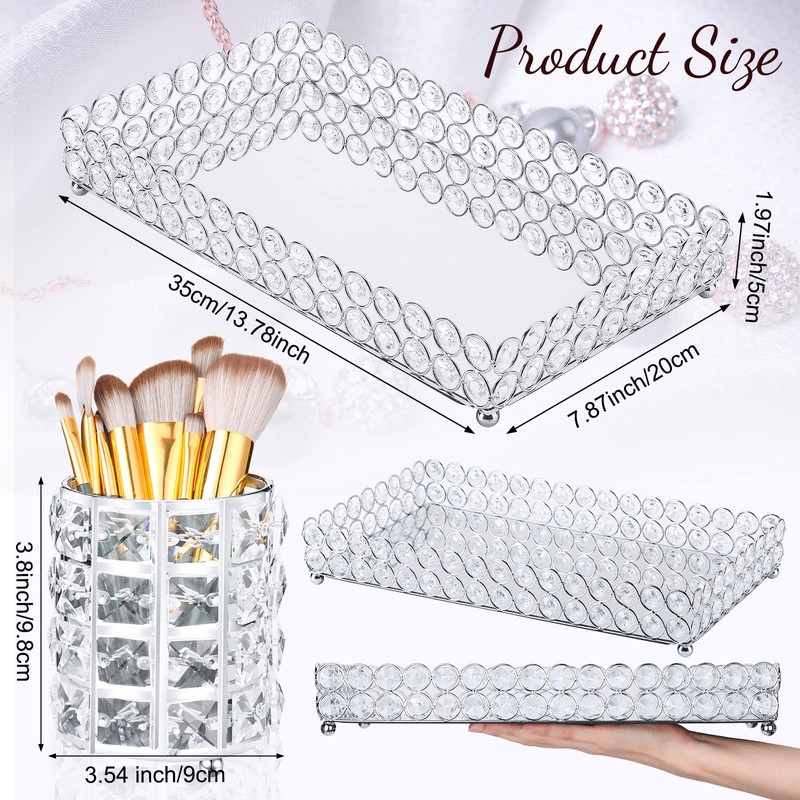 3 Pieces Perfume Tray Crystal Vanity Tray Mirrored Crystal Cosmetic