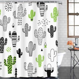 TOMPOP Shower Curtain Black Desert Cute Hand Drawn with Cactus Hipster Geometric Waterproof Polyester Fabric 72 x 72 inches Set with Hooks