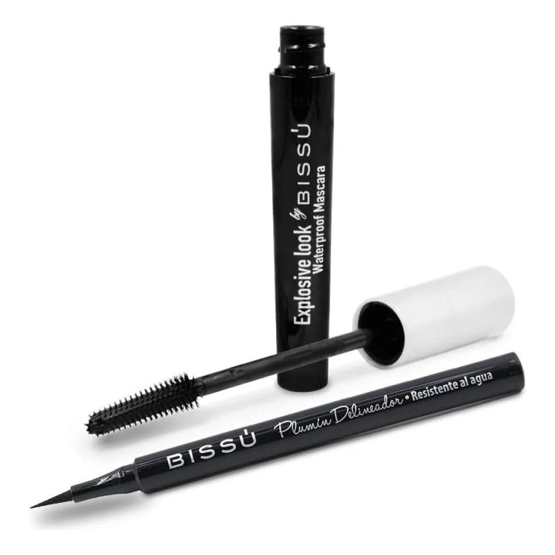 Kit Mascara De Pestañas Waterproof Y Plumin Delineador Bissu Negro