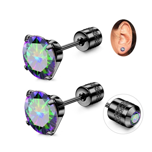 Titanium Screw Flat Back Stud Earrings Black Hypoallergenic Cubic Zirconia