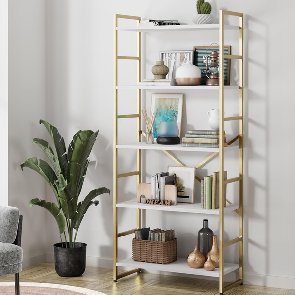 Shintenchi 5 Tiers Bookshelf, Classically Tall Bookcase Shelf,Industrial Book Rack,Modern Book Holder in Bedroom/Living Room/Home/Office, Storage Rack Shelves for Books/Movies,Gold