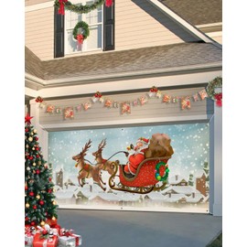 Christmas Garage Door Banner Cover 7 x 8 ft, Christmas Santa Claus Elk Snowy Christmas Garage Door Decorations Holiday Christmas Backdrop Decor for Winter New Year Xmas Party