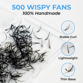 TEGAN LASH 500 Wispy Premade Fans Eyelash Extensions, Handmade Volume Lashes, From 5D-9D, 0.05/0.07 Thickness, C/CC/D Curl, 9-15mm Length, Thin Base, Soft, Long-Lasting, Easy to Apply (9D-0.05-C-11)