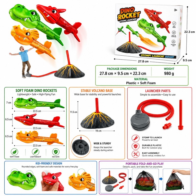 Dinosaur Rocket Launcher Toy for Kids – Foam Dino Outdoor
