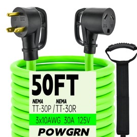 50FT 30 Amp RV Extension Cord Outdoor with Grip Handle, Flexible Heavy Duty 10/3 Gauge STW 3 Prong RV Power Cord with Cable Organizer, NEMA TT-30P to TT-30R, ETL Listed