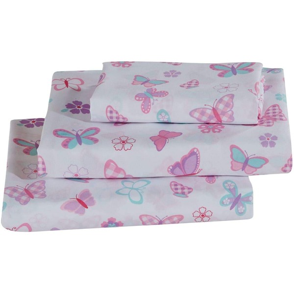 Kids Zone CollectionKids Zone Home Linen Sheet Set for Girls and Teens Butterfly Pink Purple Turquoise White New (Twin)