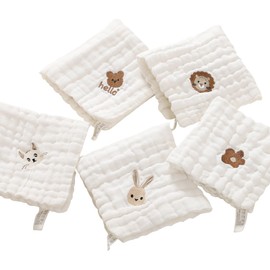 ZONEY Baby Muslin Washcloths,5 Pack 100% Cotton Baby Towels and Washcloths for Newborn Essentials Must Haves Wash Clothes Soft for Face Baby Wash Cloths 11.8x11.8 Inches (Animal)
