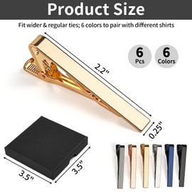 6 Pcs Tie Clips for Men, 6 Classic Colors Shiny & Glossy Tie Bar, Ideal Gift for Father, Husband, Boyfriend, Business, Wedding, Tie Pins with Gift Box