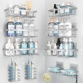 Liuoud 10 Pack Shower Caddy Organizer Rack Shelf for Inside Shower, Self Adhesive Wall Storage Basket Rustproof Stainless Steel Shampoo Holder Bathroom Accessory Decor Set, Silver