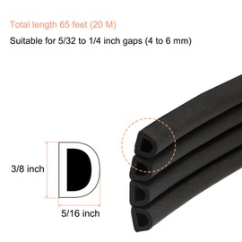 uxcell 65 Ft Weather Stripping Seal Strip for Doors/Window, 5/16 Inch x 3/8 Inch Self Adhesive D Type Foam Sealing Tape, Soundproofing Door Seal Strip Black