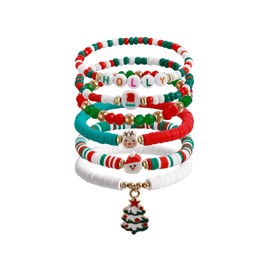 Locrccl Christmas Beaded Stretch Bracelets 6 Pcs Christmas Bracelets Set for Women Stackable Polymer Clay Disc Beaded Bracelets Snowflake Xmas Tree Reindeer Charms Bracelets Heishi Surfer Bracelet Beaded (Christmas Tree Pendant)