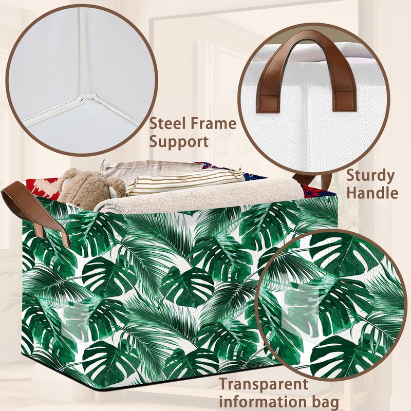 Palm Banana Leaf Rectangular Storage Basket,Collapsible Fabric Storage Container with