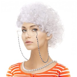 Feacole Old Lady Costume Set-Grandmother Wig,Wig Caps, Madea Granny Glasses, Eyeglass Retainer Chain,Pearl Necklace(5 Pieces)