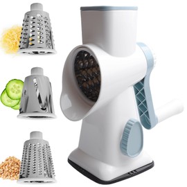 Asfrode Cheese Grater with Crank, Vegetable Cutter, Vegetable Slicer with 3 Stainless Steel Interchangeable Drum Blades, Manual Drum Grater for Cucumbers, Cheese, Nuts, Carrots
