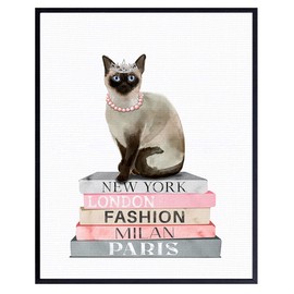 Fashion Design Cat Wall Decor - Poster of Book - Glam Siamese cat Wall Decor for Living room, Bedroom - Glamour Couture Cute Cat Gift for Woman, Girl - Designer Wall decoration