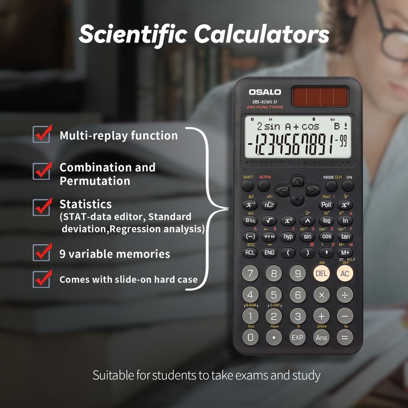 OSALO Scientific Calculator 240 Functions 2-line Display with Slide-on Cover