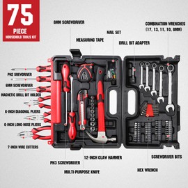 75-Piece Home Tools Kit, General Basic Household Hand Tool Kit with Plastic Toolbox Storage Case, Integrated Standing Tool Ract, for College Students, Emergency repair, Home Use & More