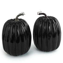 Artmag 8 Inch Large Artificial Pumpkins, 2PCS Big Black Pumpkins Faux Foam Harvest Pumpkins for Fall Autumn Thanksgiving Seasonal Holiday Decor Decorations (Black)