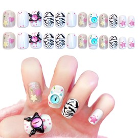 PEXIVOZ Pack of 24 Cute Fake Nails with Pattern, Artificial Nails, Made of Acrylic, Lightweight, Easy to Reuse, Press On Nails, with Glue/Nail Glue (White)