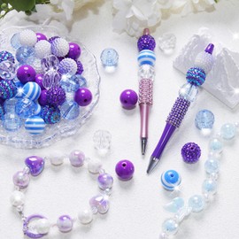 48 Pcs 20mm Beads for Pens Rhinestone Bubblegum Beads Blue Purple Crystal Acrylic Round Chunky Bead Sparkly Craft Large Balls Bead for Pen Beadable Keychain Bracelet DIY Jewelry Making Supplies
