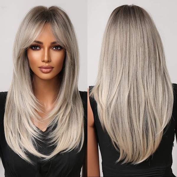 Allbell Blonde Wigs for Women, Long Layered Wigs with Bangs,