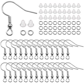 TOAOB 300pcs Earrings Making Supplies Kit Silver Tone 18mm Earring Hooks Hypoallergenic Ear Wire Hooks with Clear Rubber Earring Safety Backs and Jump Rings for DIY Earring Making