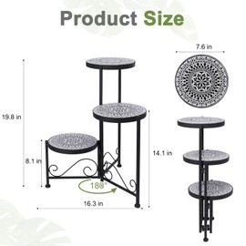 Vipush 3 Tier Plant Stand with Mosaic Ceramic Top - Foldable 3 tier plant stand, Durable Indoor & Outdoor Plant Shelf for Pots, Flowers, and Decor, No Assembly Required