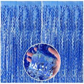 Blue Tinsel Foil Fringe Curtains Wavy Backdrop for Parties Sparkle Metallic Wavy Foil Fringe Backdrop Curtain for Party Decorations Photo Booth Props Birthday Graduation Wedding