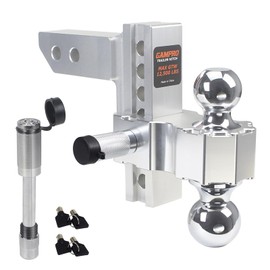 GAMPRO Car Adjustable Trailer Hitch (2-Inch Receiver), with 8 Inch Drop/Rise Chrome Plated Steels Ball Mount, Two Anti-Theft Pins Locks, Heavy Duty Aluminum Tow Hitches for Truck(12,500 LBS GTW)