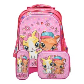 Lluvia Mochila Con Ruedas Lonchera Lapicera Gatos Con Flores 3d Rosa Primaria Lluvia