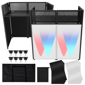 GarveeLife Portable DJ Facade Booth,52 in L x 43.2 in H x 26 in W DJ Facade with White & Black Scrim,Foldable DJ Table Station with Adjustable Feet for Party, Black Metal Frame ﻿