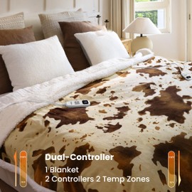 blunique Cow Print Electric Heated Blanket Queen-Dual Control Heating Blanket Queen Size with 10 Heat Levels & 10 Hours Auto-Off, Cozy Soft Fleece Sherpa, Washable, 84x90 Inche Cow Print Apricot