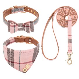 EXPAWLORER Dog Collar and Leash Set - Classic Plaid Dog Bow Tie and Dog Bandana Collar, Dog Leash Tangle Free, Adjustable Collars for Small Medium Large Dogs Cats, Holiday Ideal Gift