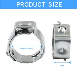 Litoexpe 50 Pcs Single Ear Hose Clamp 7.0mm-8.7mm, Hose Crimp Clamps Ear Crimp Rings, Stainless Steel Pinch Clamp for Securing Pipe Hoses and Automotive