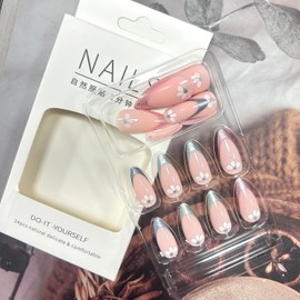 Colorful French Almond False Nails Press on Nails Medium Flower Fake Nails Artificial Acrylic Nails Aurora Glitter Powder Stick on Nails Full Cover Glossy Reusable Coffin Nails Glue on Nails for Women