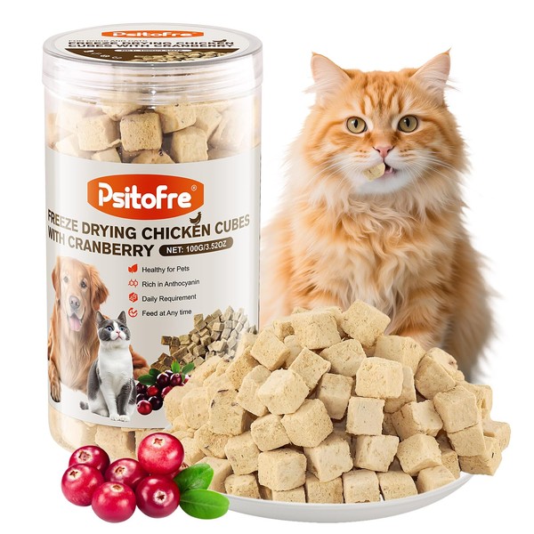 Psitofre Freeze-Dried Chicken Cat Treats, Chicken Cube Snacks with Cranberry