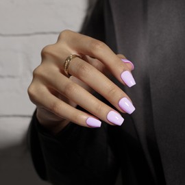 KQueenest Light Purple Press On Nails Short - Summer Press On Nails Coffin, Sheer Lavender Medium Fake Nails with Glue, Glossy Ballerina Reusable Soft Gel Glue on Nails for Women, 30 Pcs