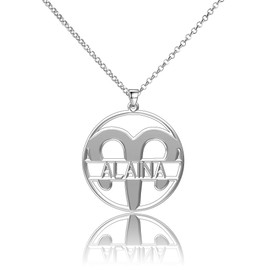 LoEnMe Jewelry Silver Plated Aries Woman Custom Made Engraved Sterling Silver Customized Name Necklace