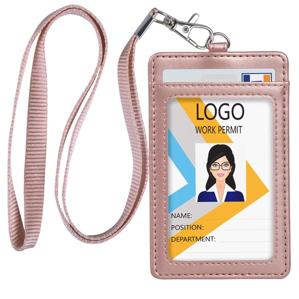 Teskyer Vertical PU Leather ID Badge Holder with 1 Clear ID Window & 1 Credit Card Slot and a Detachable Neck Lanyard, Rose Gold